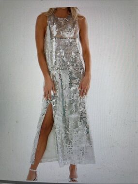 Show me your mumu Silver Sequin Sleeveless Maxi Dress with Side Slit